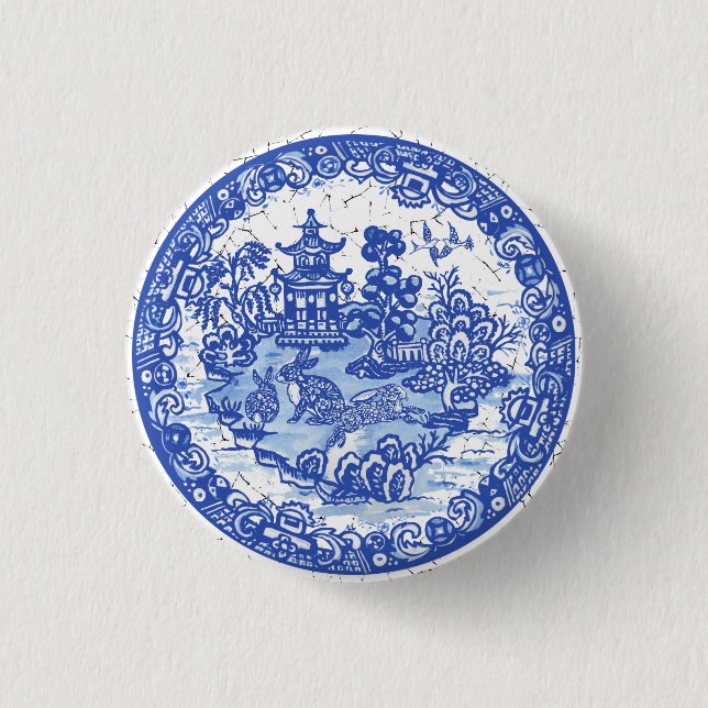 Rabbit Chinoiserie Blue White Willow Unik Knapp (Framsida)