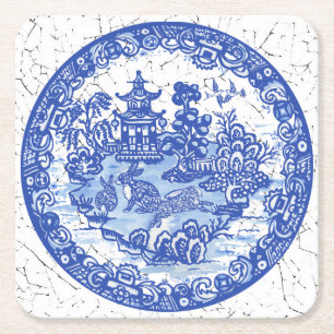 Rabbit Chinoiserie Blue White Willow Unik Underlägg Papper Kvadrat