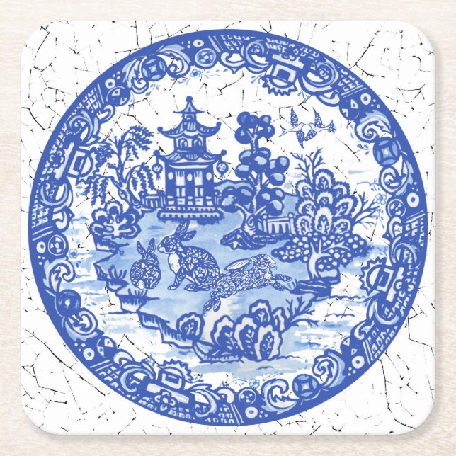 Rabbit Chinoiserie Blue White Willow Unik Underlägg Papper Kvadrat (Framsidan)