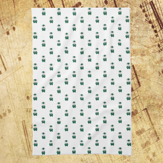 Rabbit Clarinet Marching Band Grönt Guld Kökshandduk (A kitchen towel with a pattern of rabbits playing the clarinet in green & gold)