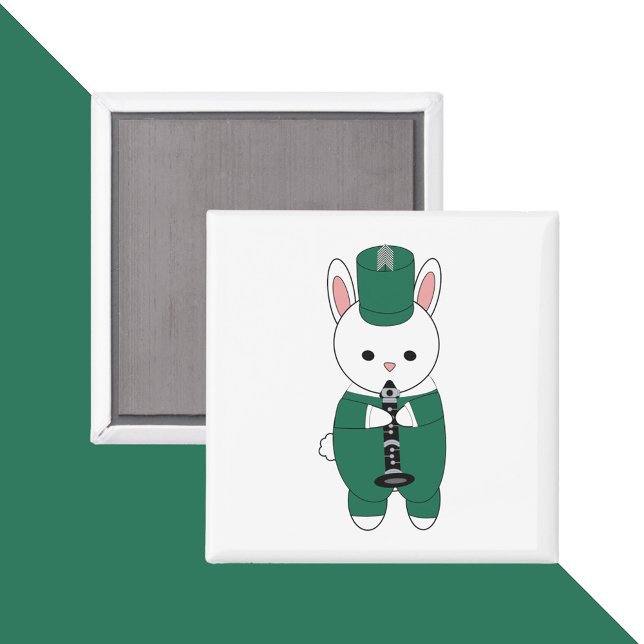 Rabbit Clarinet Marching Band Grönt White Magnet (A magnet with a bunny rabbit playing the clarinet and wearing a green & white marching band uniform.)