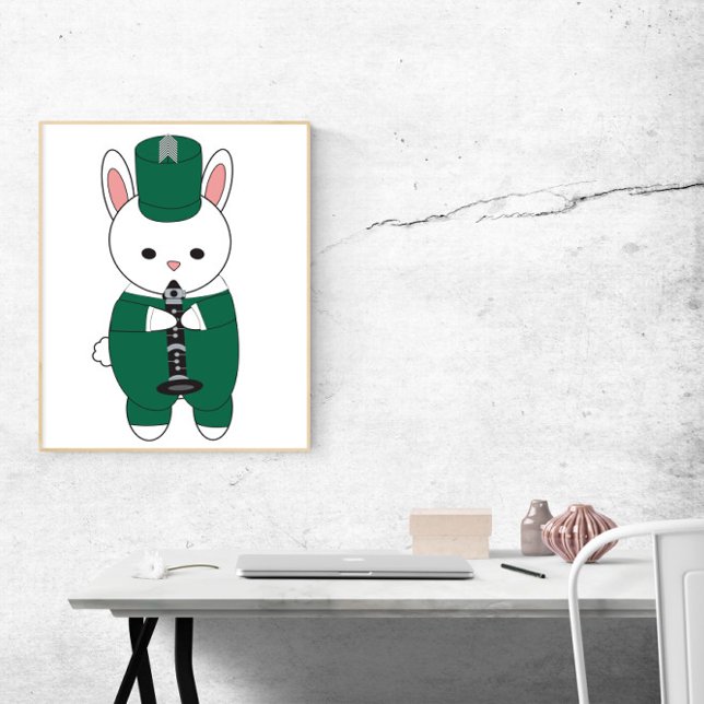 Rabbit Clarinet Marching Band Grönt White Poster (A poster of a rabbit playing the clarinet in a green and white marching band uniform.)