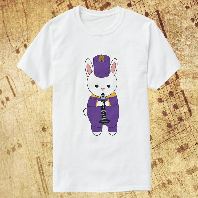 Rabbit Clarinet Marching Band Lila Gult T Shirt (A shirt with a rabbit playing the clarinet while wearing a purple & yellow marching band uniform)