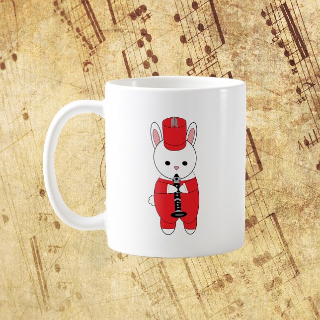 Rabbit Clarinet Marching Band Red White Kaffemugg (A mug with a white rabbit playing the clarinet wearing a red and white marching band uniform.)