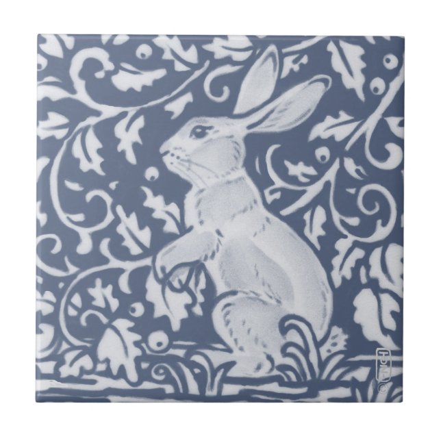 Rabbit Denim Blue White Botanical Dedham Delft  Kakelplatta (Framsidan)