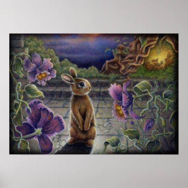 Rabbit Dreams Fantasy Flowers Bunny Painting Poster (Framsidan)