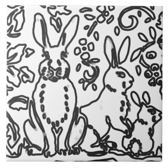Rabbit Foliage Black White Teckning Woodland Anima Kakelplatta (Framsidan)