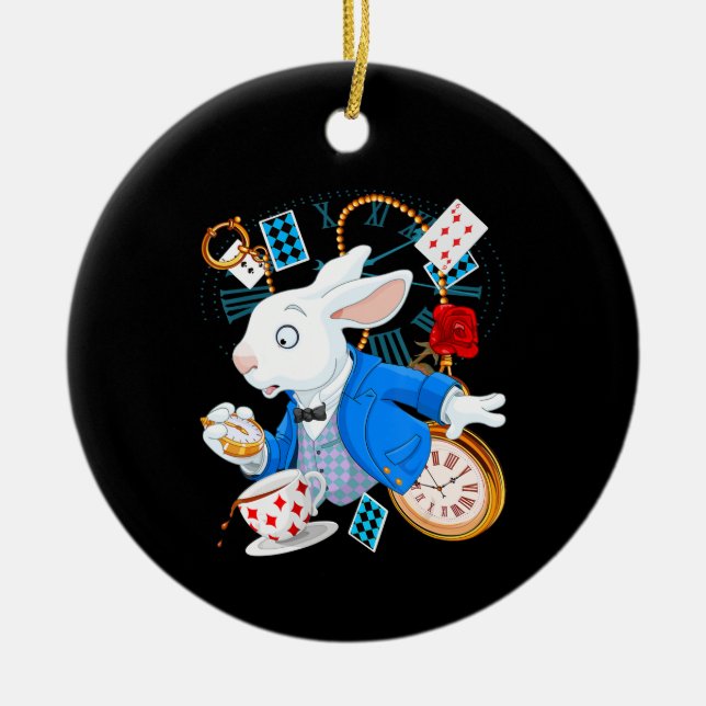 Rabbit Gift | Alice i Wonderland - Vitkanin Julgransprydnad Keramik (Framsidan)