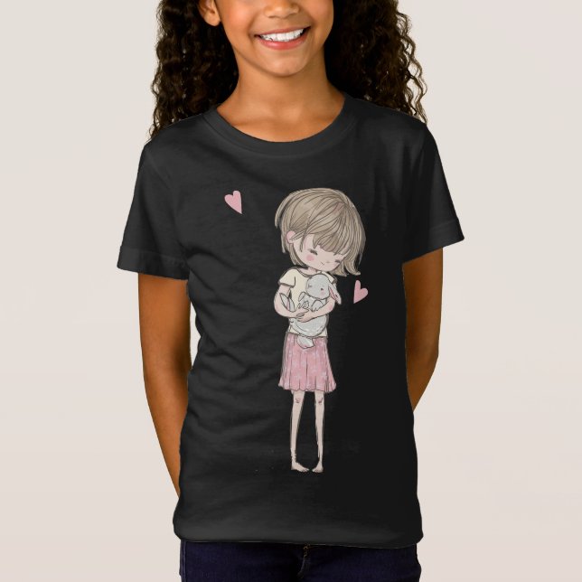 Rabbit Gift|Cute Little Girl & Bunny Rabbit Rosa T Shirt (Framsida)
