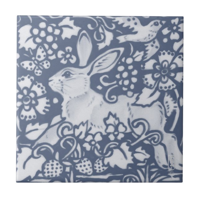 Rabbit Hare Denim Blue Botanical Dedham Delft Kakelplatta (Framsidan)
