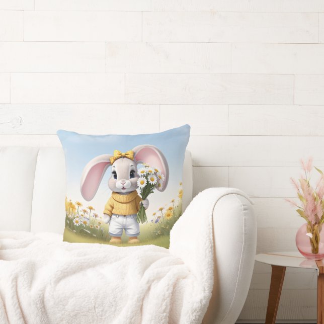 Rabbit holding bouquet of white daisies kudde (Soffa)