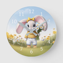 Rabbit holding bouquet of white daisies rund klocka