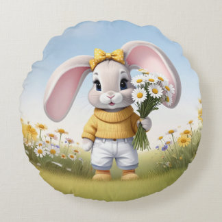 Rabbit holding bouquet of white daisies rund kudde