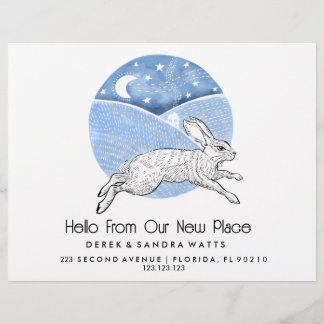 Rabbit  Lino Style Change of Address Card  Reklamblad