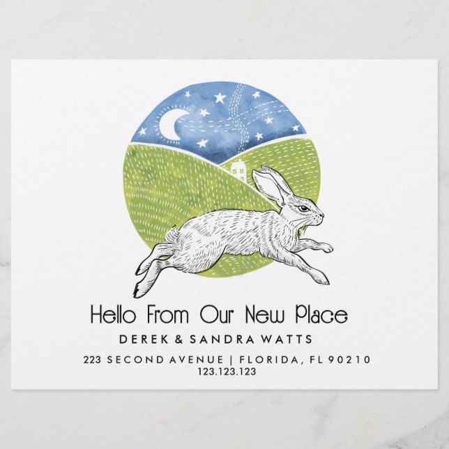 Rabbit  Lino Style Change of Address Card  Reklamblad (Framsidan)
