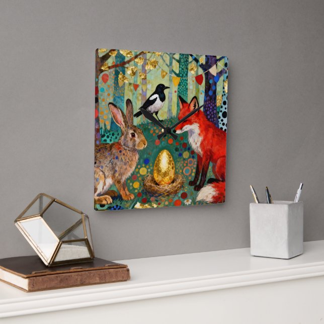 Rabbit, Magpie, Fox and “The Golden Goose Egg” Fyrkantig Klocka (Kontor)