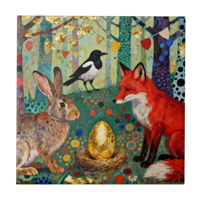 Rabbit, Magpie, Fox and “The Golden Goose Egg” Kakelplatta (Framsidan)