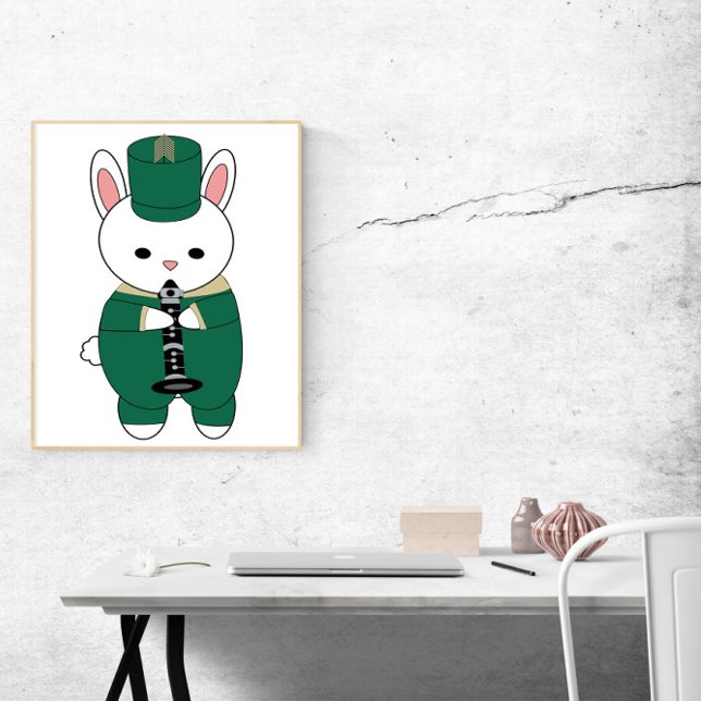 Rabbit Marching Band Clarinet Grönt Guld Poster (A poster of a white rabbit playing the clarinet wearing a green & gold marching band uniform.)