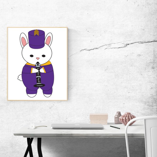 Rabbit Marching Band Clarinet Lila Gult Poster (A poster featuring a rabbit playing the clarinet in a purple & yellow marching band uniform.)