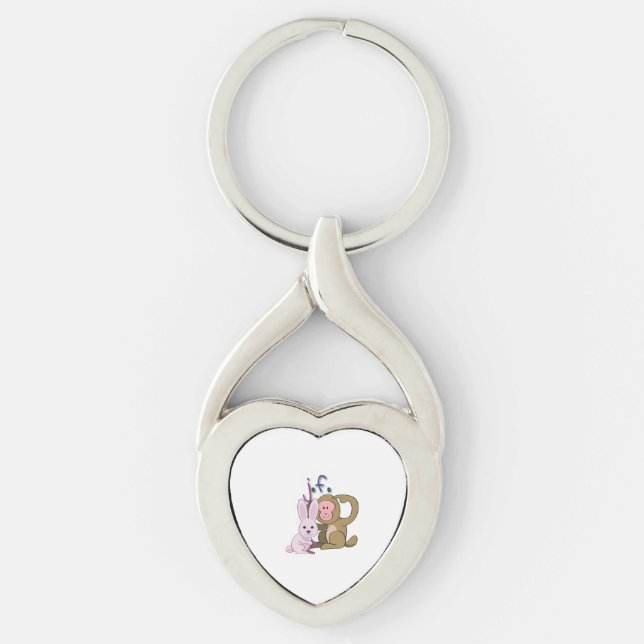 rabbit & monkey twisted heart silverfärgad nyckelring (Framsidan)