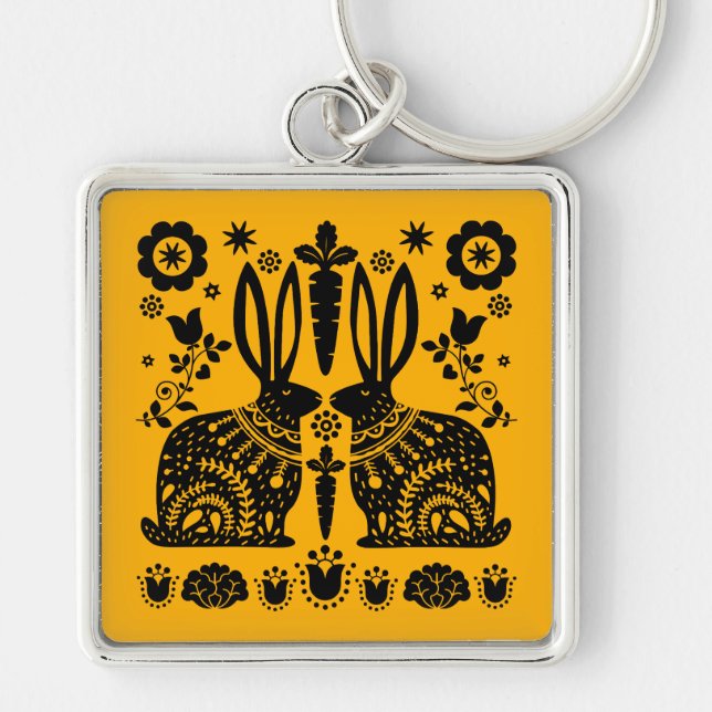 Rabbit Nordic Scandinavian FolArt Fyrkantig Silverfärgad Nyckelring (Framsidan)