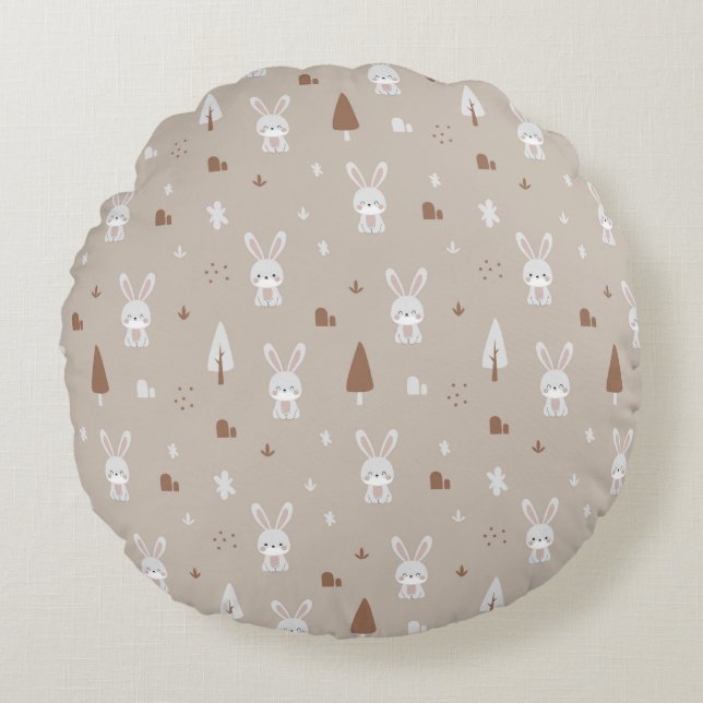 Rabbit Nursery Mönster Round Pillow Rund Kudde (Framsidan)