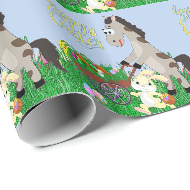 Rabbit och hästuppsamling av ägg och morot från på presentpapper (Rullad Hörn)