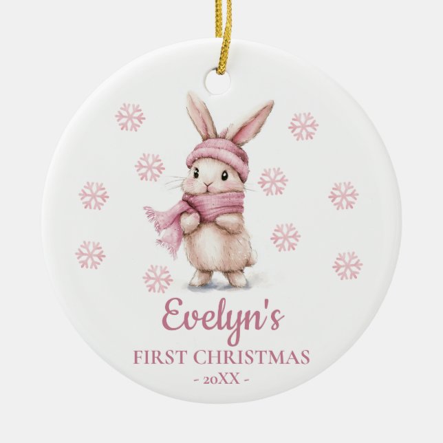 Rabbit Personalized Girl's First Christmas Julgransprydnad Keramik (Framsidan)
