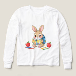 Rabbit reading a book, pencils, apple t shirt