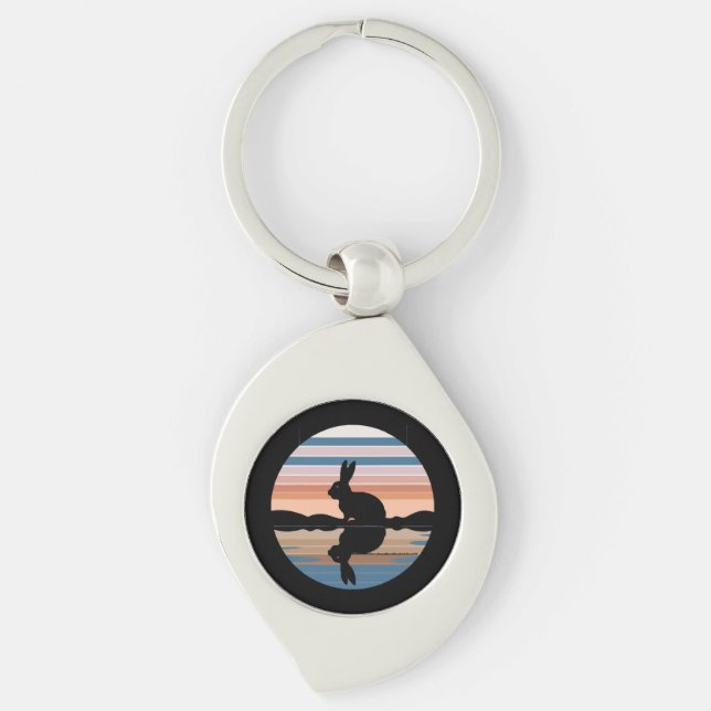 Rabbit Retro Sunset Swirl Silverfärgad Nyckelring (Framsidan)