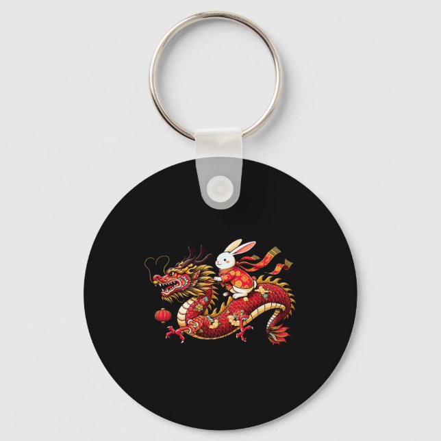Rabbit Ride Chinese Dragon Funny Mens Womens Happy Nyckelring (Framsida)