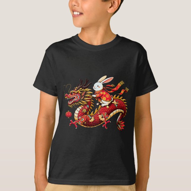 Rabbit Ride Chinese Dragon Funny Mens Womens Happy T Shirt (Framsida)