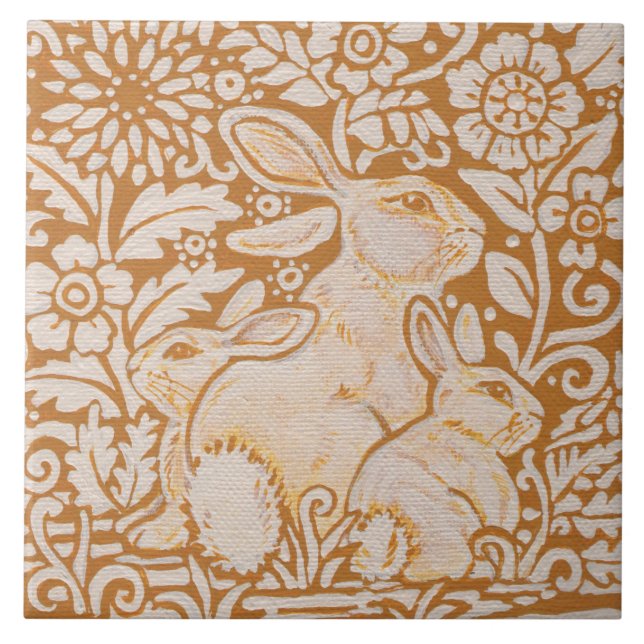 Rabbit & Spädbarn Blommigt Ceramic 6’ Tile Trivet  Kakelplatta (Framsidan)