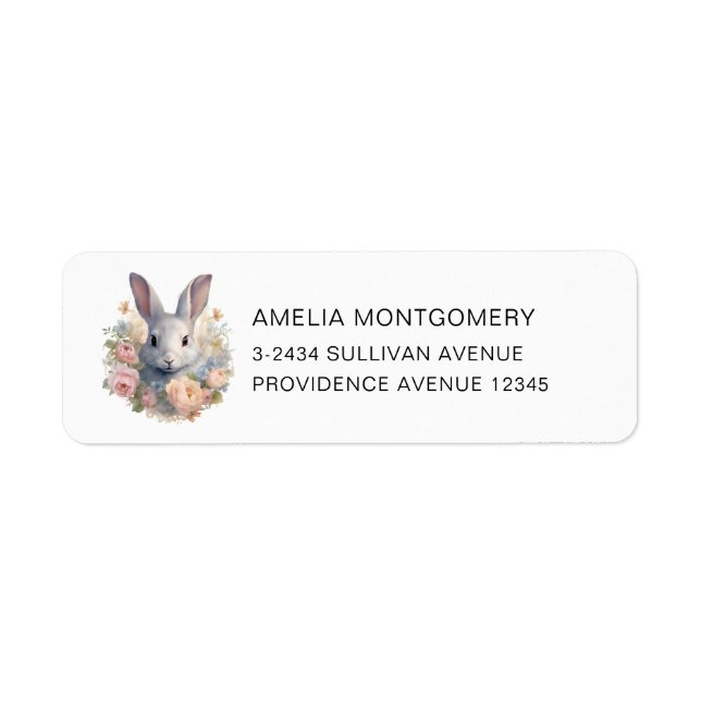  Rabbit Surrounded by Pastel Flowers Cute Address Returadress Etikett (Framsidan)
