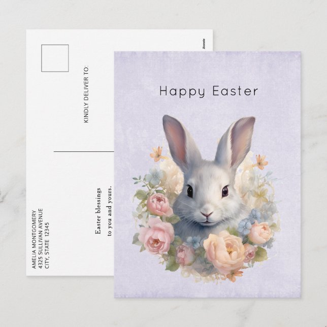 Rabbit Surrounded by Pastel Flowers Cute Easter Helg Vykort (Fram/baksida)