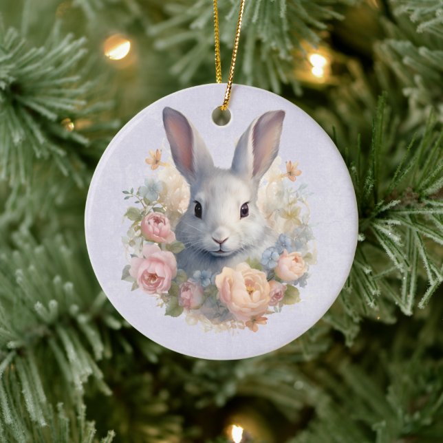 Rabbit Surrounded by Pastel Flowers Cute Julgransprydnad Keramik (Träd)
