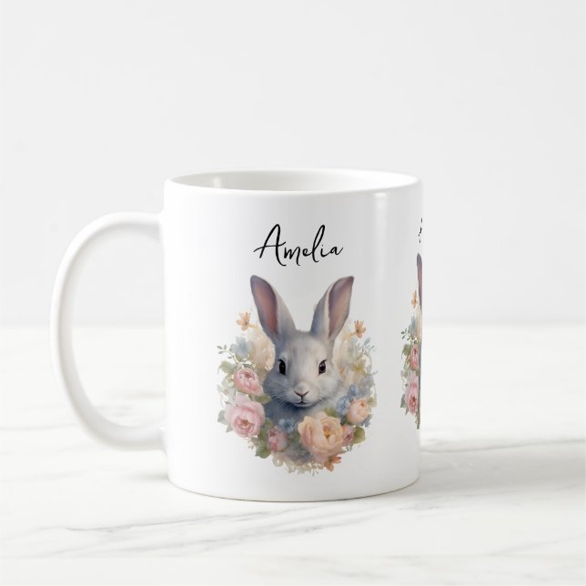 Rabbit Surrounded by Pastel Flowers Cute Kaffemugg (Vänster)