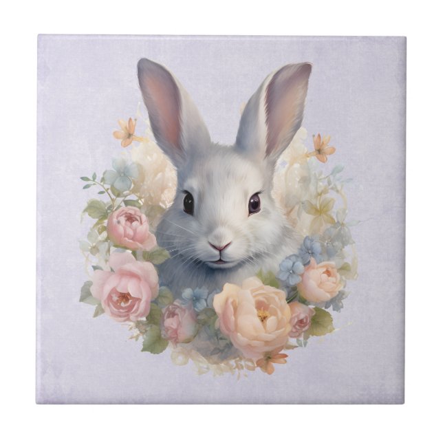 Rabbit Surrounded by Pastel Flowers Cute Kakelplatta (Framsidan)