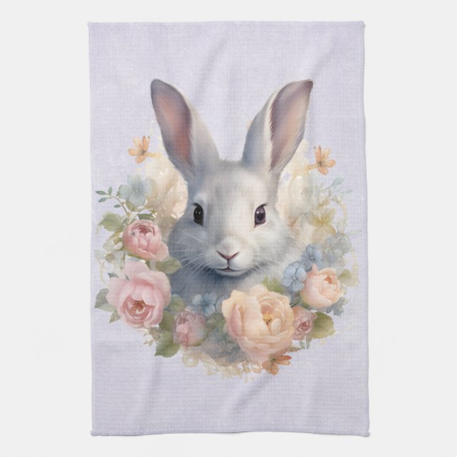 Rabbit Surrounded by Pastel Flowers Cute Kökshandduk (Vertikal)