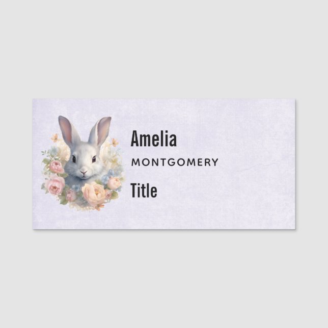 Rabbit Surrounded by Pastel Flowers Cute Namnbricka (Framsida)