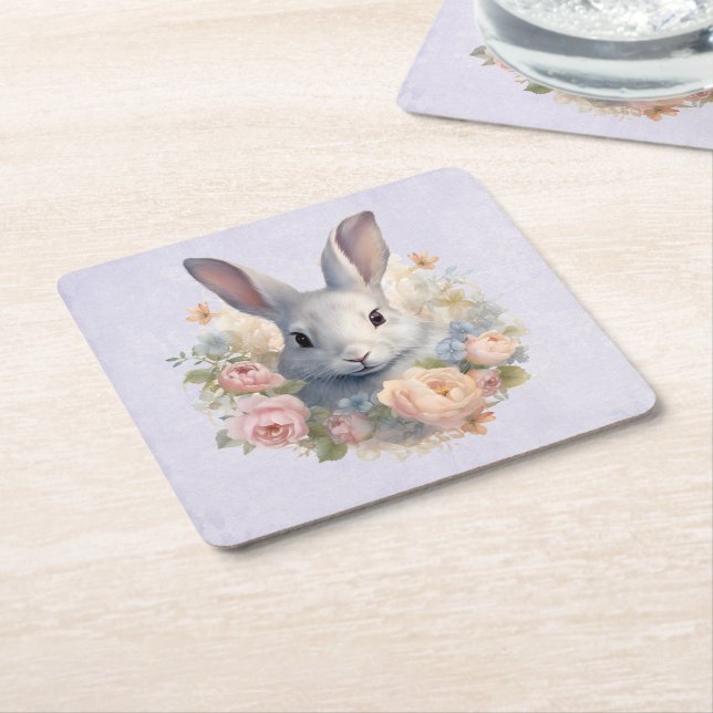 Rabbit Surrounded by Pastel Flowers Cute Underlägg Papper Kvadrat (Vinklad)