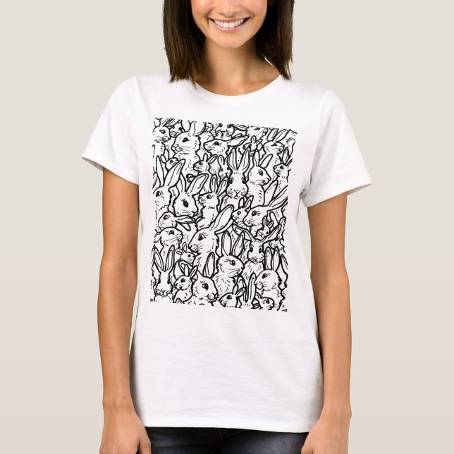 Rabbit Teckning Black and White Art Bunny Design T Shirt (Framsida)