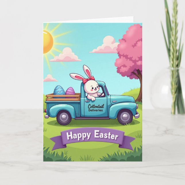 Rabbit Truck Springtime Faux Gold Card Kort (Framsida)