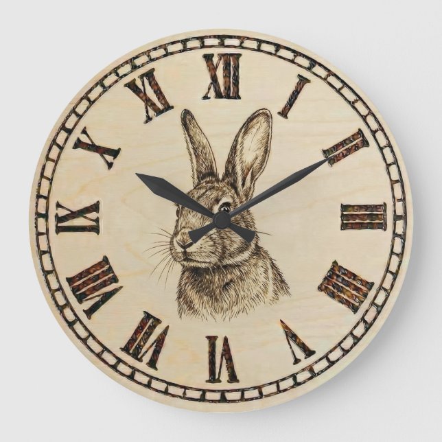 Rabbit Wall Clock | Wood-Burned Style  Stor Klocka (Framsida)