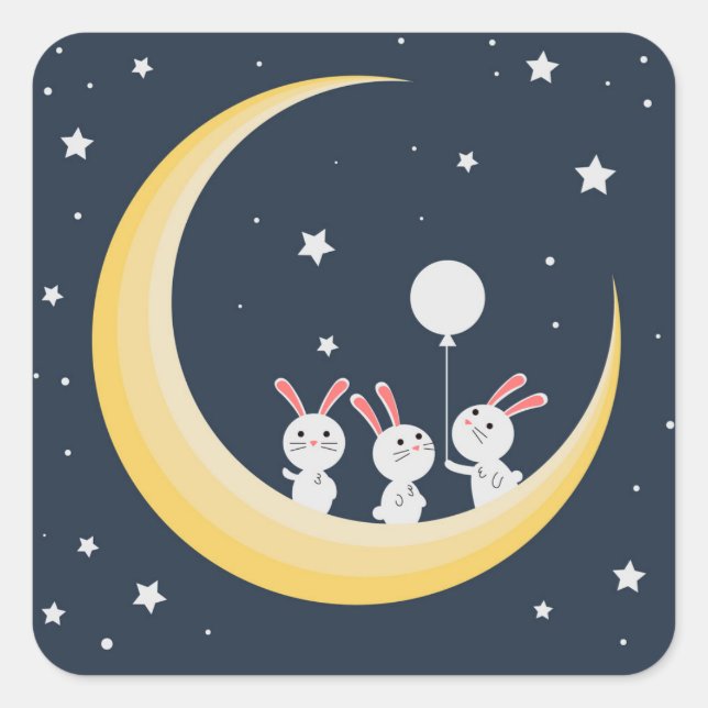 Rabbits on the moon fyrkantigt klistermärke (Framsida)