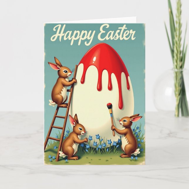 Rabbits Painting Egg Springtime Card Kort (Framsida)