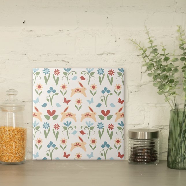 Rabbits WildblommFolk Art Mönster Kakelplatta (Skapare uppladdad)