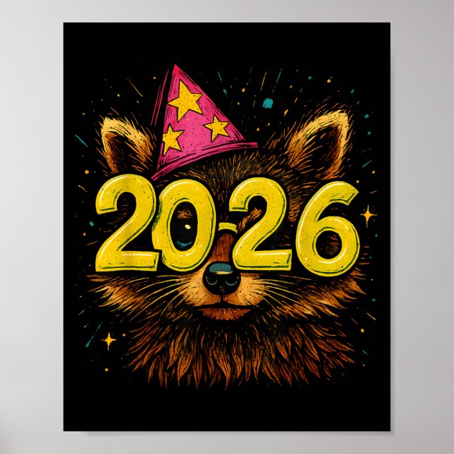 Raccoon 2026 Party Gles Funny New Year Celebration Poster (Framsidan)