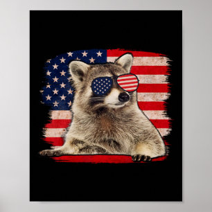 Raccoon 4:e juli Amerikanska Flagga Sungles Funny Poster