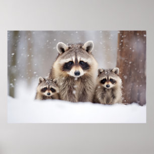 Raccoon Animal Family Wandering Nature Poster